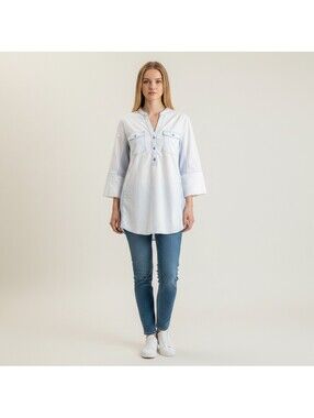 Cavalini Blouse Women M Medium Blue V-Neck 3/4 Sleeve Pockets Cotton Button